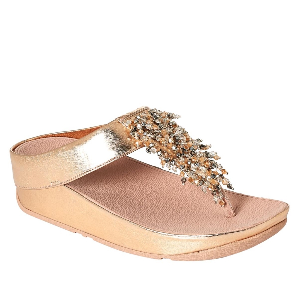 Rose Gold FitFlop Rumba Beaded Metallic Sandal Toe Post Wedge Women NIB